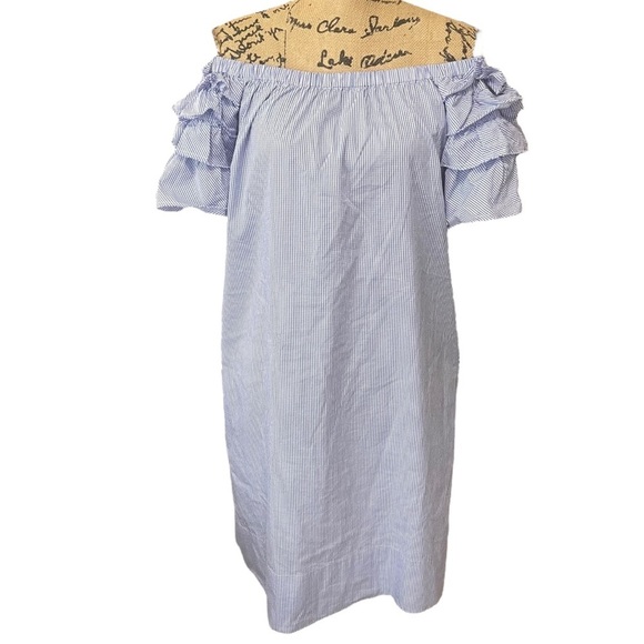 Sara Campbell Off The Shoulder Gingham Ruffle Shift Dress Blue White Size Medium - Picture 6 of 10